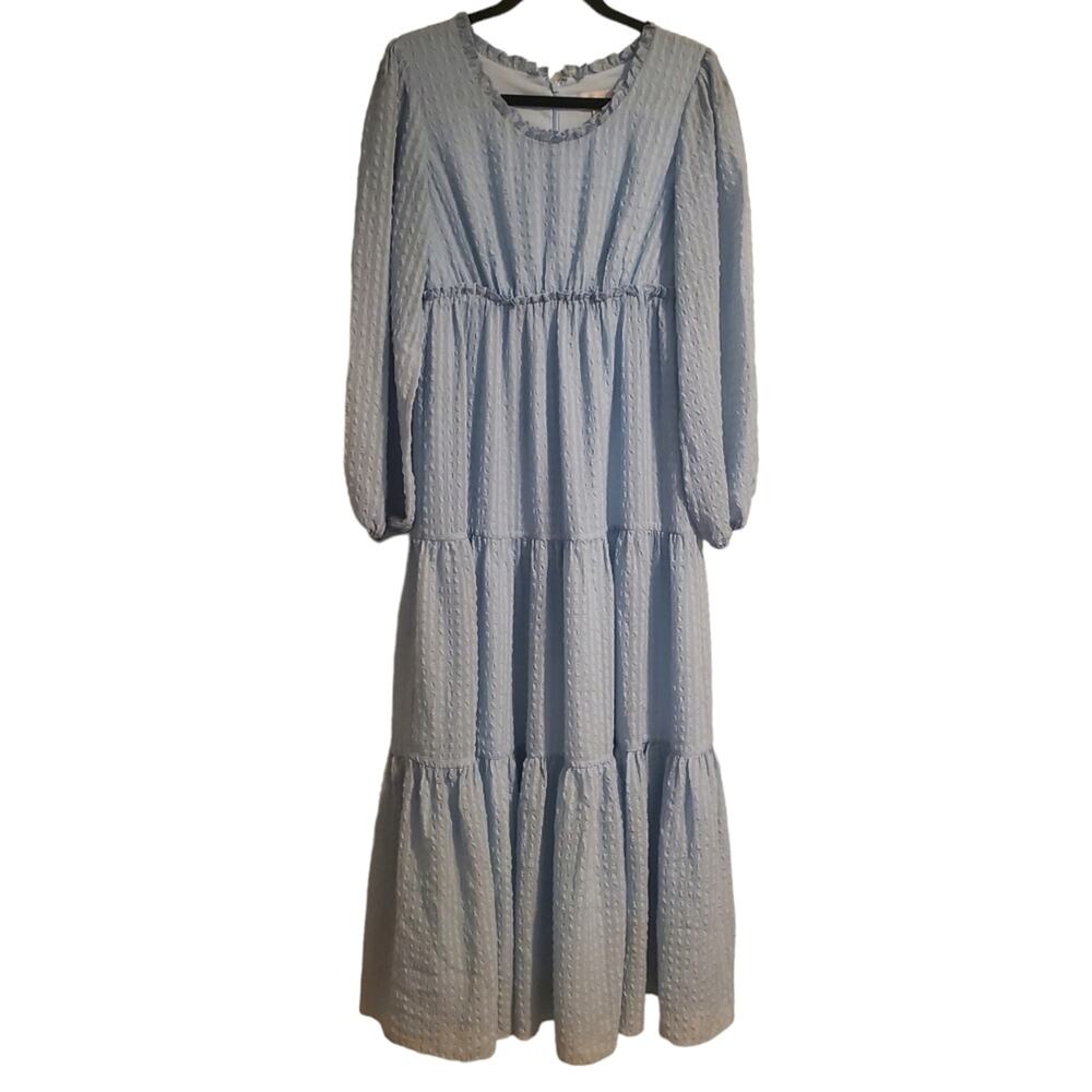 Rachel Parcell Blue Maxi Cottagecore Prairie Seesucker Dress Sz S